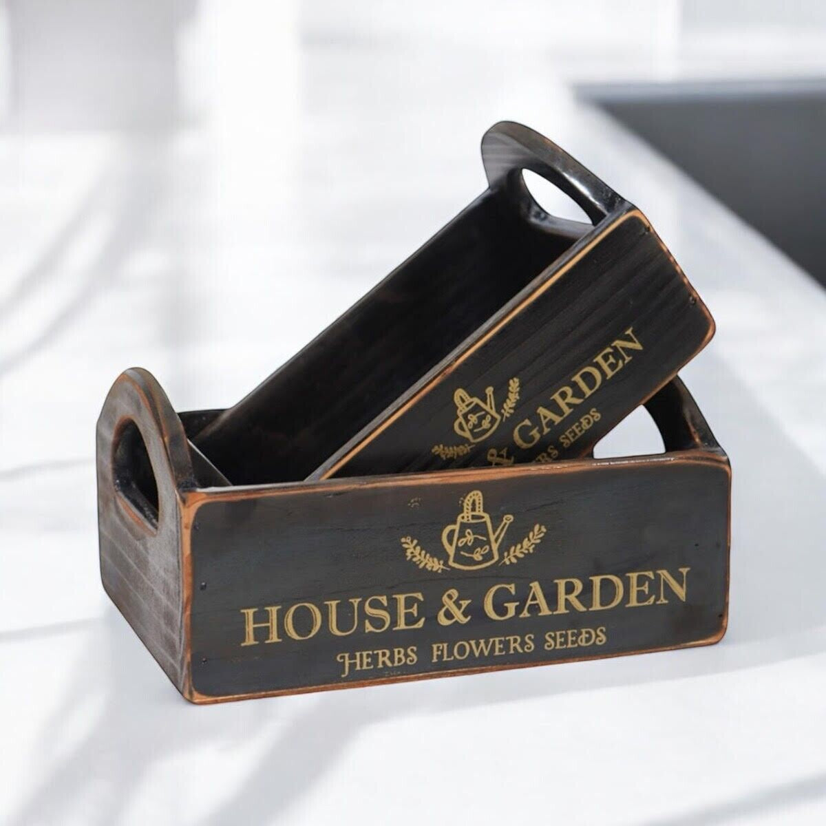 Rustic Vintage Black House Garden Boxes Wooden Gift Display Storage Crate Set 2