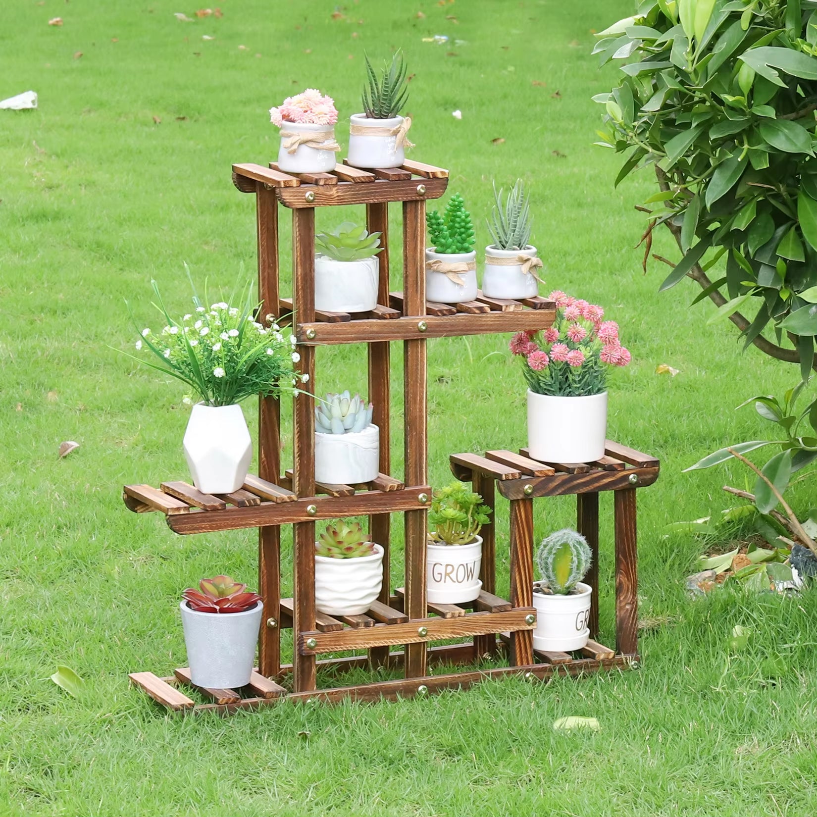 Wood Plant Shelves Indoor Outdoor Plant Pot Stand Holder Corner Plant Display Shelving Unit for Balcony Garden Patio Living Room