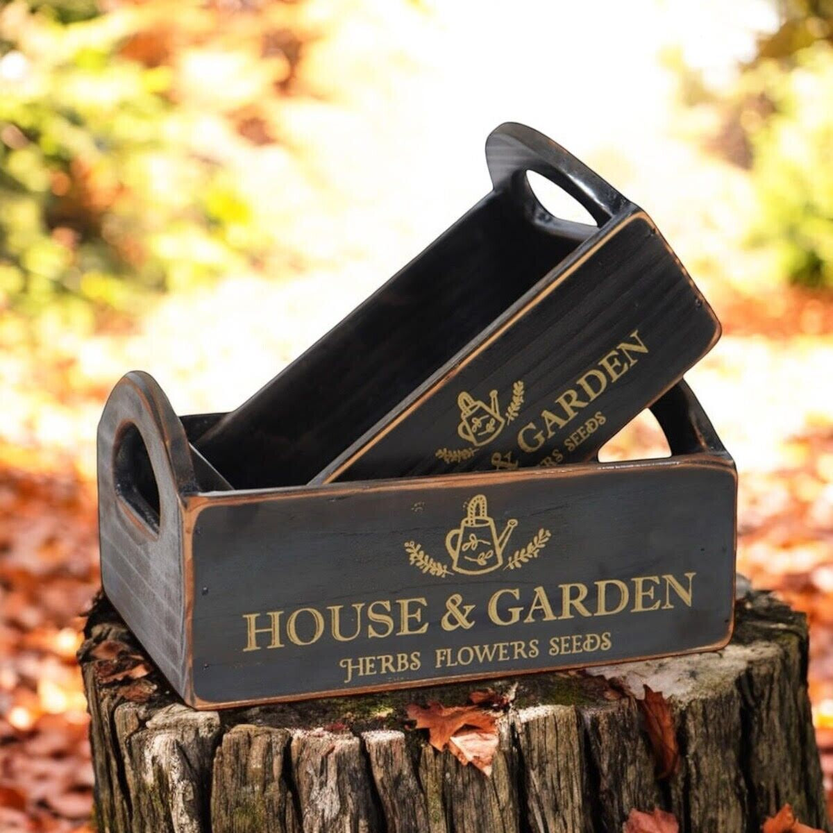 Rustic Vintage Black House Garden Boxes Wooden Gift Display Storage Crate Set 2