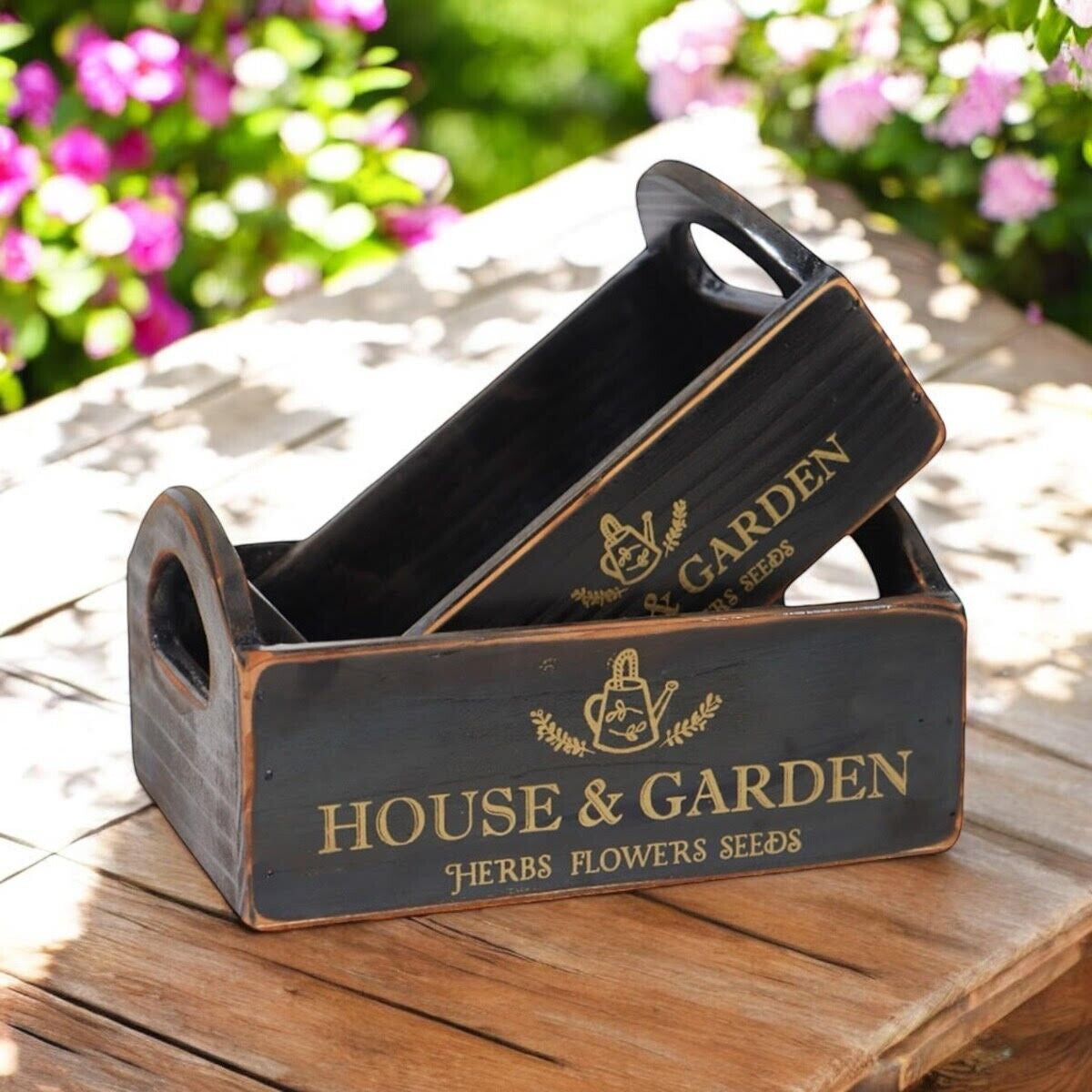 Rustic Vintage Black House Garden Boxes Wooden Gift Display Storage Crate Set 2