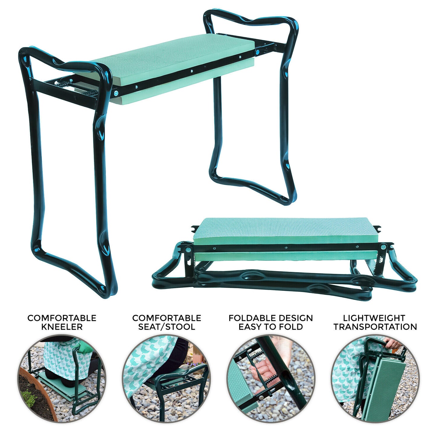 Garden Kneeler 2-In-1 Folding Gardening Padded Seat and Kneeling Stool Tool Bag