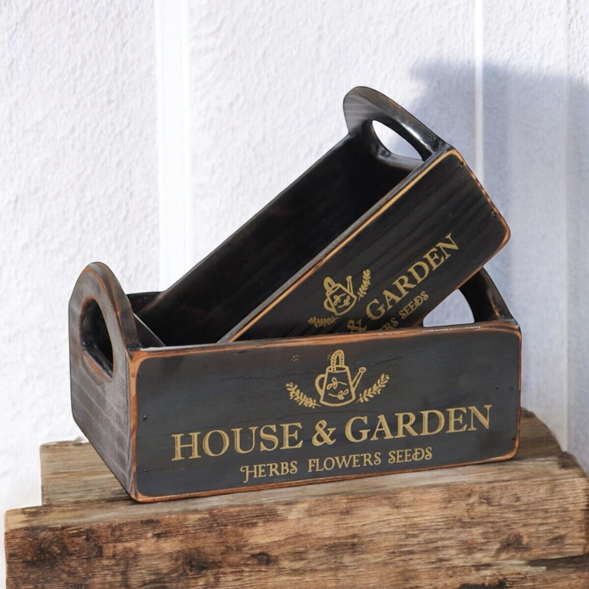 Rustic Vintage Black House Garden Boxes Wooden Gift Display Storage Crate Set 2