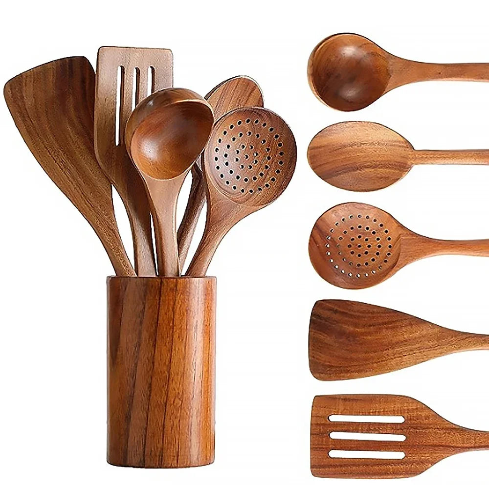 6Pcs Kitchenware Set Kitchen Tools Set Cooking Shovel Spoon Mixing Wooden Spoon Teak Wooden Shovel Storage Tableware