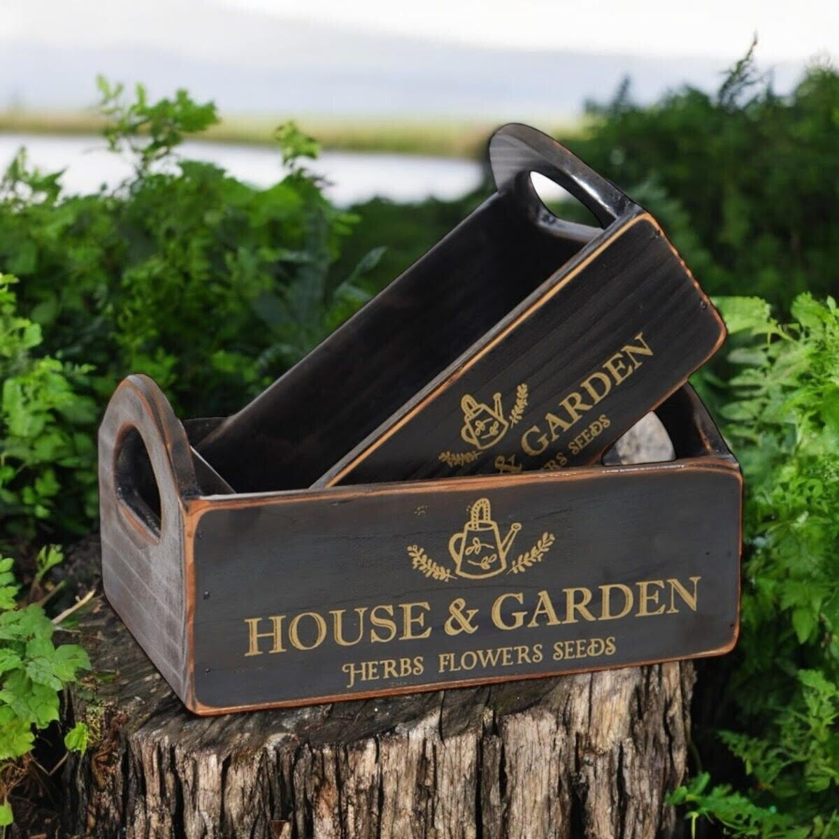 Rustic Vintage Black House Garden Boxes Wooden Gift Display Storage Crate Set 2