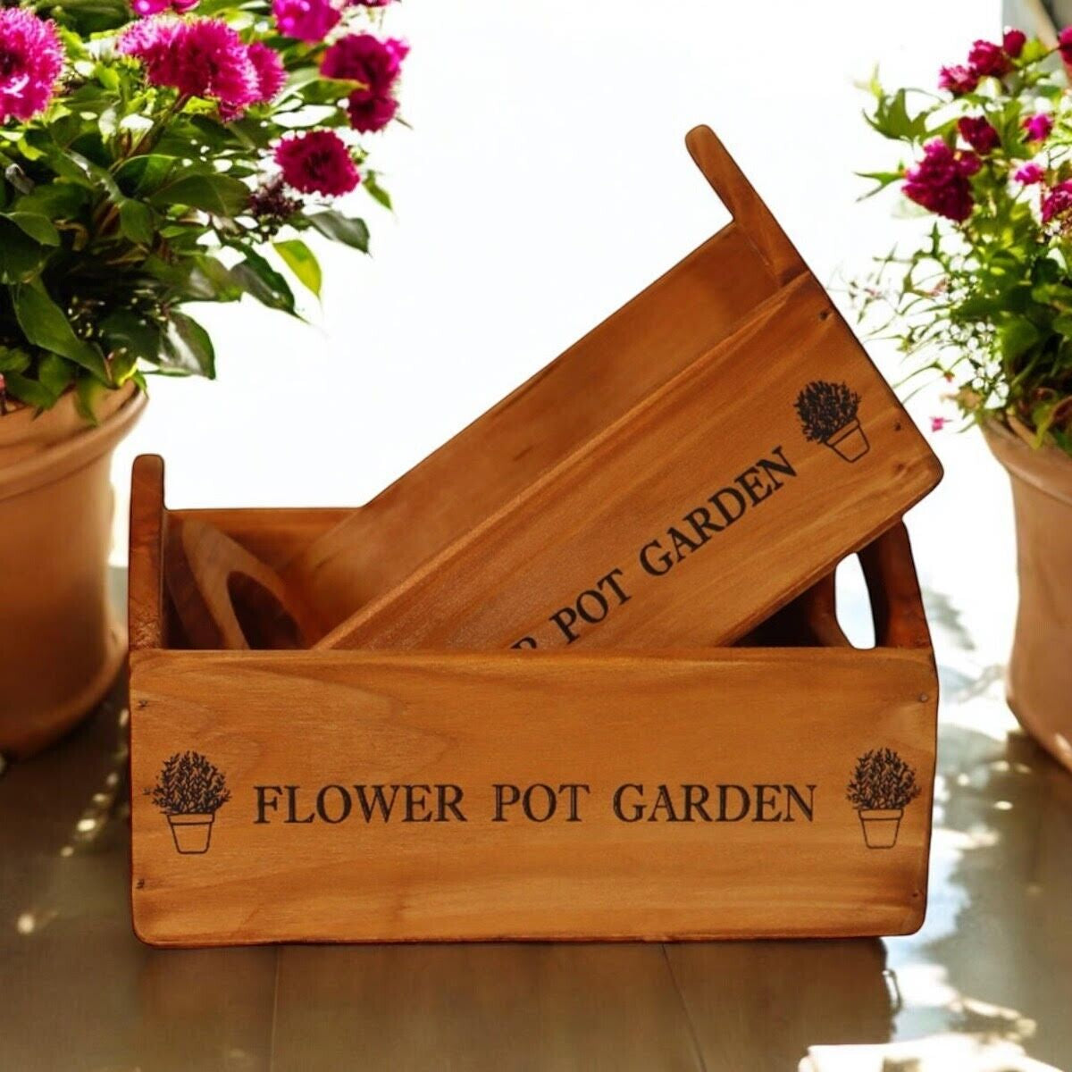 Rustic Vintage Brown Flower Pot Boxes Wooden Gift Display Storage Crate Set 2