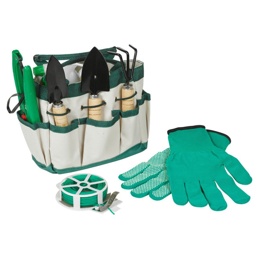 8 Pcs Garden Hand Tool Set Wood Metal Gardening Gloves Storage Bag Digging Weeds