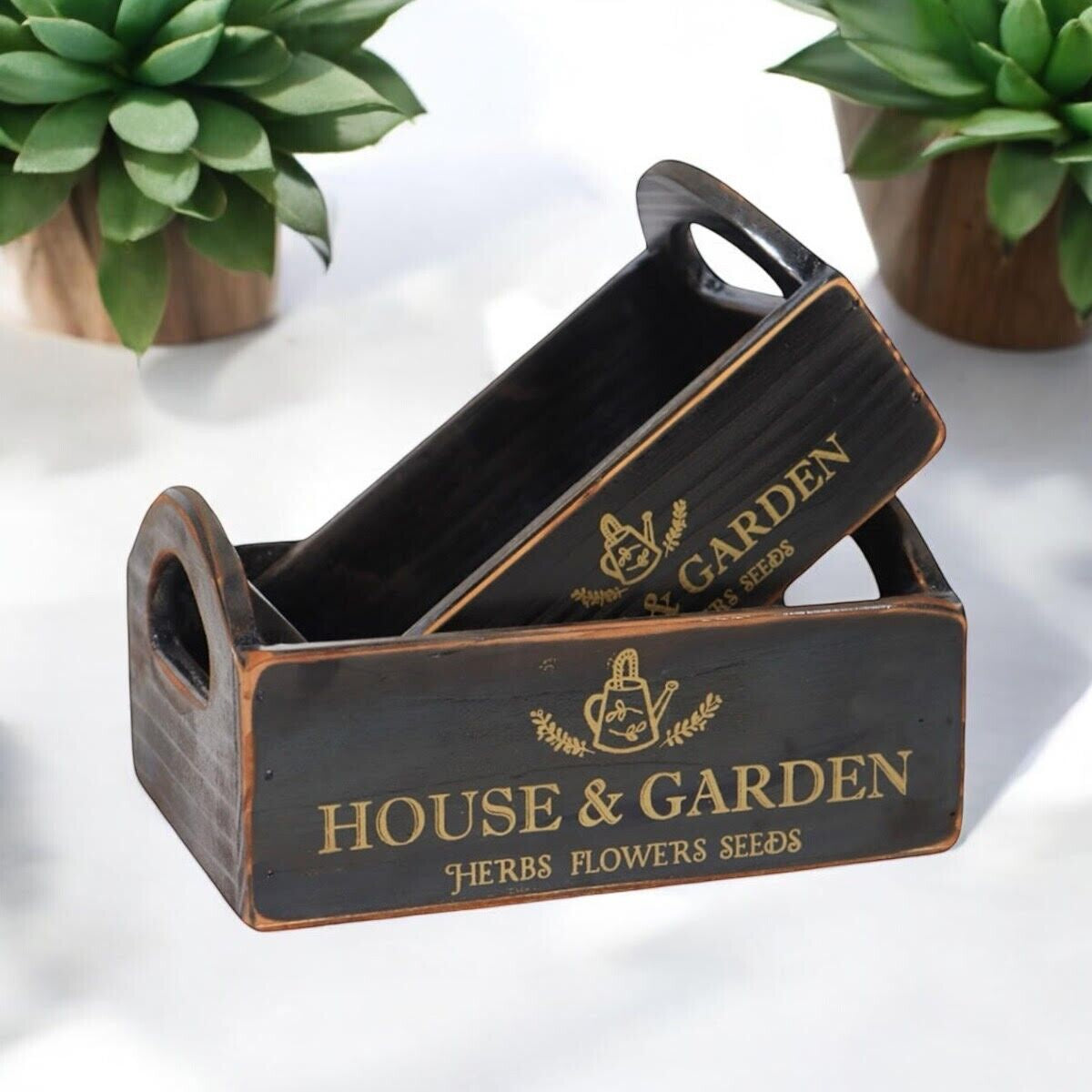 Rustic Vintage Black House Garden Boxes Wooden Gift Display Storage Crate Set 2